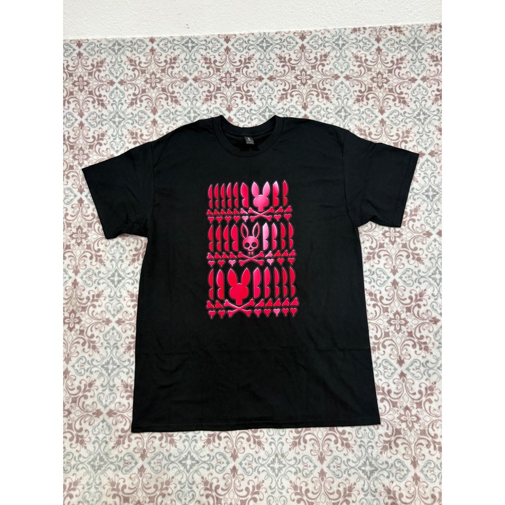 Gildan Heavy Cotton Psycho Bunny Graphic T-Shirt Black Pink Skull Crossbones L